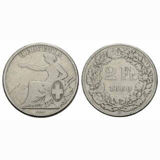 Schweiz 2 Franken 1860 B Sitzende Helvetia