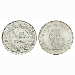 Schweiz 1/2 Franken 1941 B Stehende Helvetia