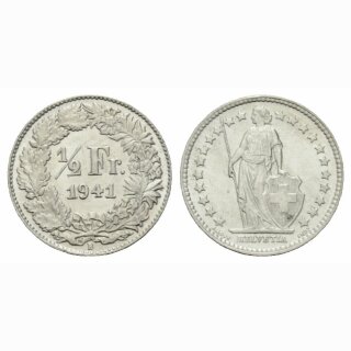 Schweiz 1/2 Franken 1941 B Stehende Helvetia