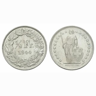 Schweiz 1/2 Franken 1944 B Stehende Helvetia
