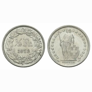 Schweiz 1/2 Franken 1958 B Stehende Helvetia