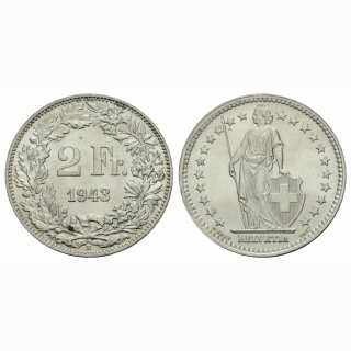 Schweiz 2 Franken  1943 B Helvetia