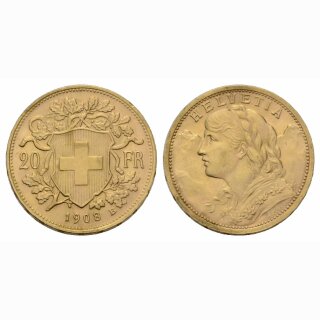 Schweiz 20 Franken 1908 B Vreneli